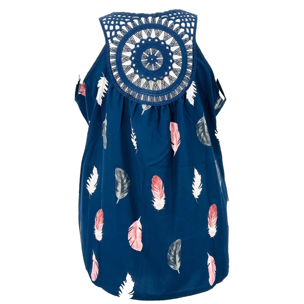 Navy Blue Feather Print Sleeveless V-Neck Top with a Crocheted Back Women's 3XL